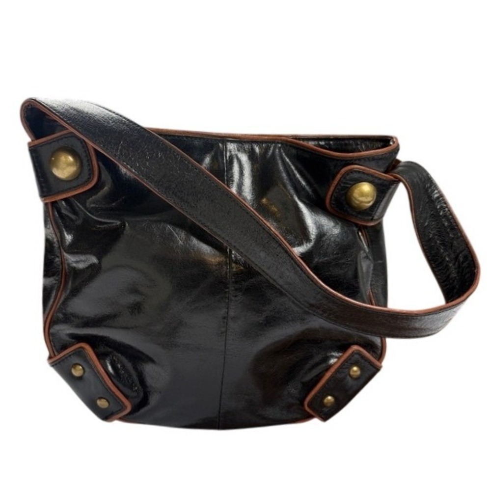 Kate Landry Black Faux Leather Hobo Bag Brown Trim Zebra Lining Brass Studs
